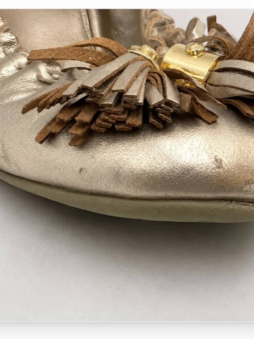 VTG Tory Burch Minnie Tassel Ballet Flats Metallic Gold Leather Sz 8 Flawed